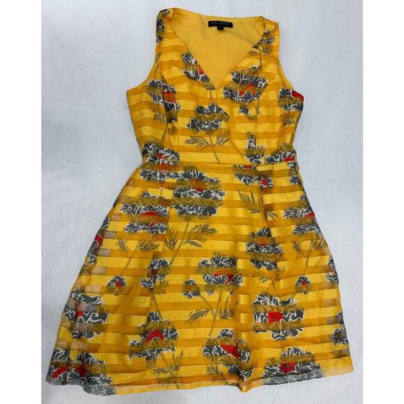 Floral Print Banana Republic Fit Flare Dress Spring Yellow Sheer Stripe Party 6P - Picture 1 of 10
